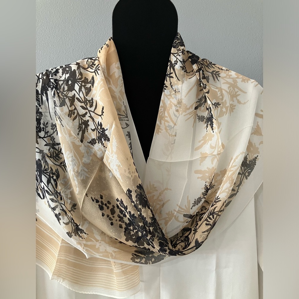 100% silk Scarf ink and wash art print tan black trees